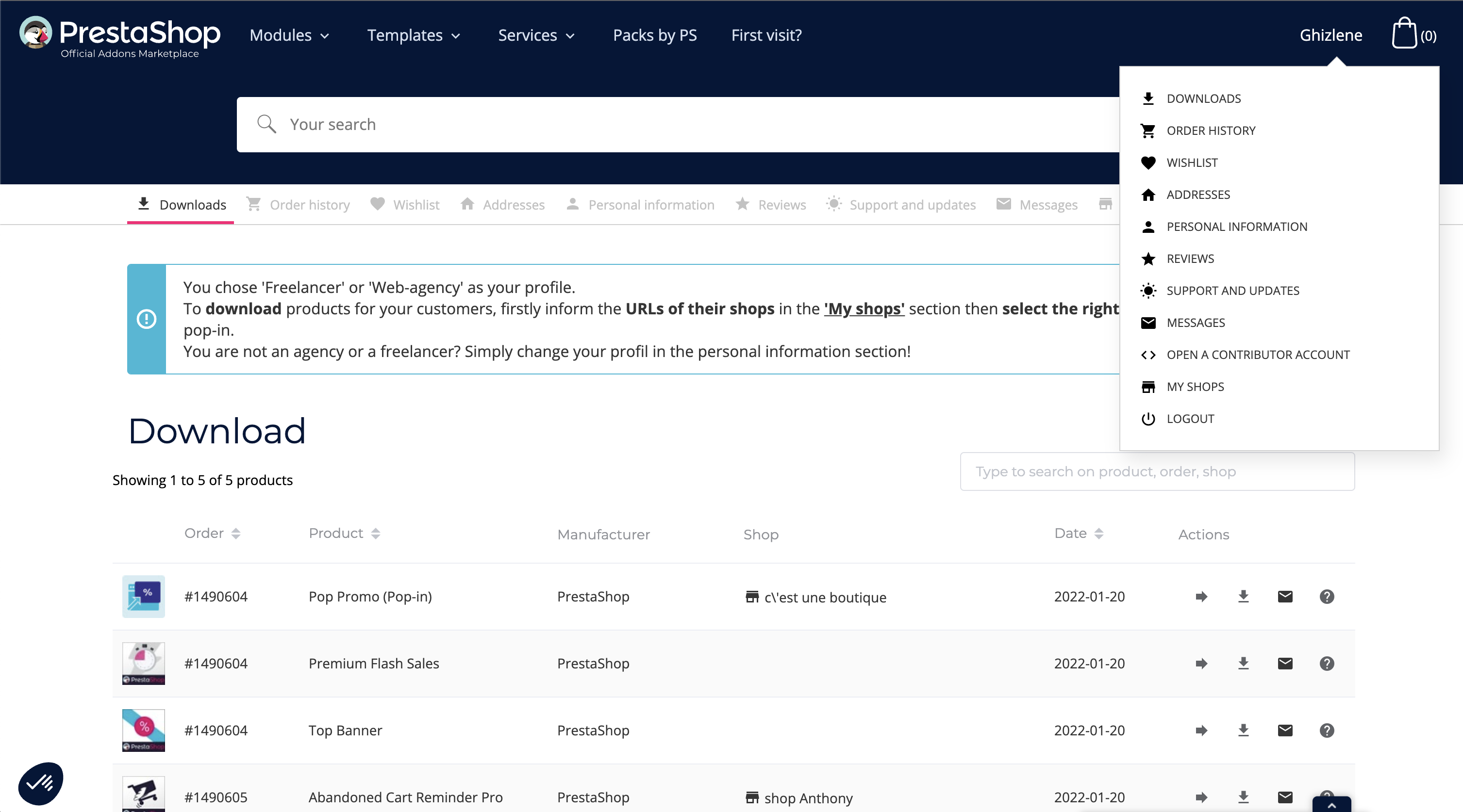 Marketplace Addons, Account page