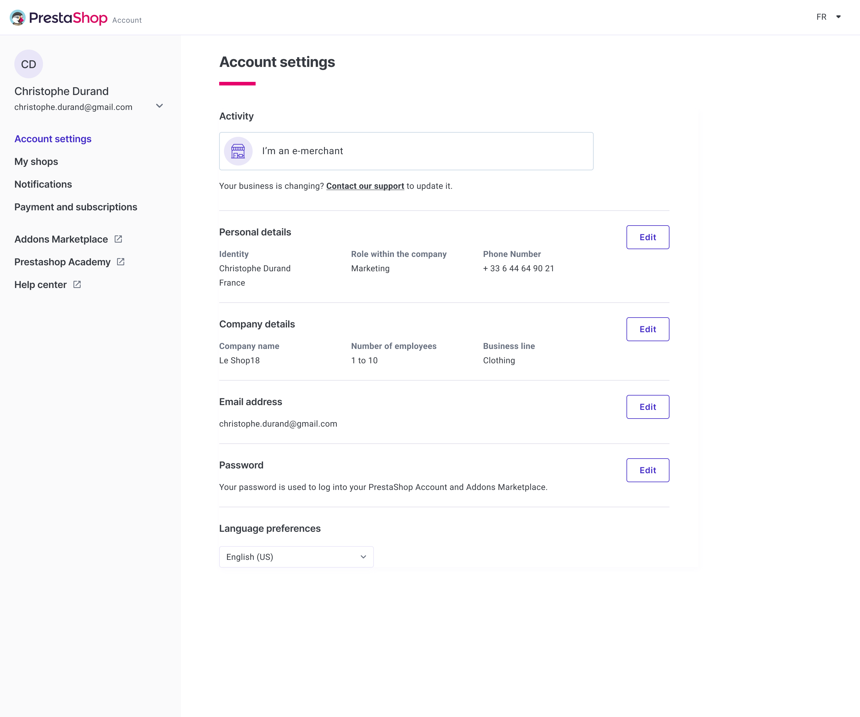 Unified account, Account settings (before)